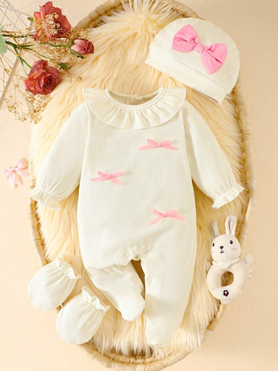 Newborn Baby Girl 4-Piece Set, Ribbed Knit Ruffle Collar Footed Romper, Bow Decor Long Sleeve Jumpsuit, Soft Casual Outfit, Winter Clothes With Hat
