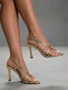 CUCCOO SZL Patent Leather Kink Pointed Stiletto Sandals, Cross Strap Ankle Buckle, Nightclub Date Slim Heels - Gold - View 8