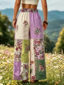 Zayélia Bohemian Boho Wide Leg Pants Color Block Floral Print Elastic Waist Drawstring Long Pants Loose Pants Garden Party Picnic Purple Floral Autumn - Multicolor - View 2