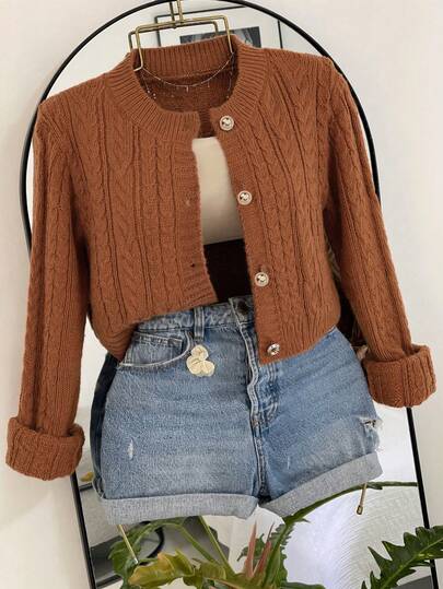Franclia Cárdigan de punto de cable color caramelo, cuello redondo con botones de perla, suéter corto estilo vintage suave