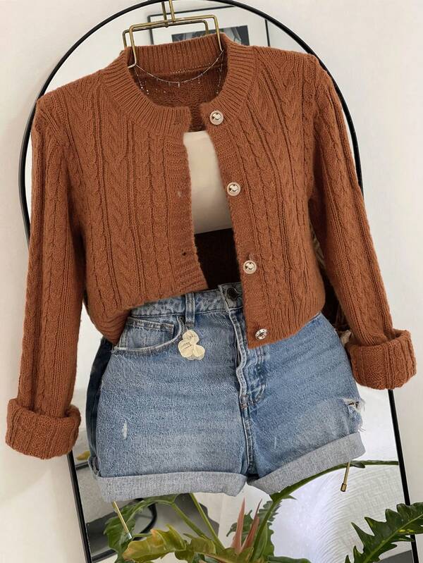 EMERY ROSE Caramel Cable Knit Cardigan, Round Neck Pearl Button Short Vintage Soft Style Sweater