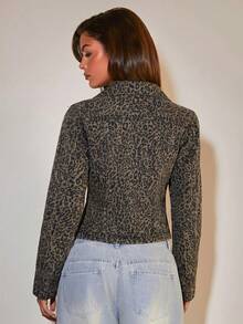 COSMINA Denim 女款牛仔上衣，長袖秋冬豹紋圖案，休閒電音節/搖滾風街頭穿搭日常外穿襯衫領灰色 - 彩色 - 查看 3