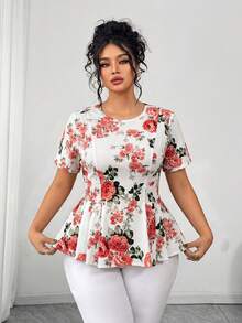 Elenzga Blus Wanita Ukuran Besar Elegan Kasual Serbaguna Leher Bulat Lengan Pendek Model Mengembang, Musim Semi/Panas - MultiWarna - View 5