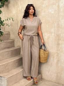 SHEIN Frenchy Plus Size Summer Casual Striped Shirt And Pants 2 Pieces Set - Khaki - View 5