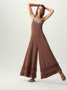 Bohemela Casual Knit Colorblock Women's Jumpsuit Vacation Brown Striped Summer - Chocolate Brown - View 3