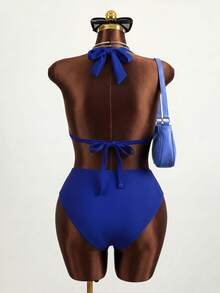 Slaydiva Conjunto de traje de baño tankini de mujer talla grande para verano y playa, color liso, con cuello drapeado - azul real - Ver 7