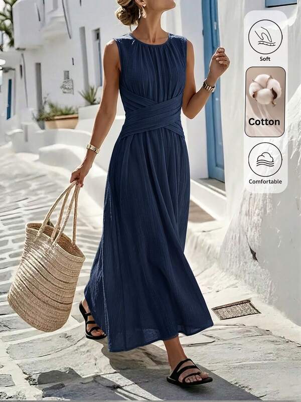 Louniche Women's Spring/Summer Casual Navy Blue Cotton Blend Sleeveless Dress With Criss-Cross Waist Design, Minimalist Style, Elegant For Daily Wear, Shopping, Afternoon Tea, Small Gatherings, Light Business And Commuting