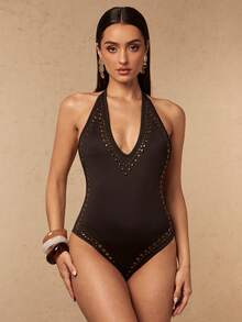 Silquee Women's Vacation Rivet Design Deep V Sexy Halter One-Piece Swimsuit Beach Party Black Summer - Coffee Brown - View 4