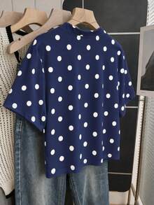 Franclia Plus Size Knitted Round Neck Short Sleeve Cinched Waist French Navy Blue T-Shirt Office Work Formal Party Birthday Brunch Teacher Summer Elegant 90s - Navy Blue - View 2
