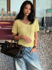 Yunfilé Women's Hollow-Out Twist Knit Pale Yellow Top, Summer Brunch Casual - Yellow - View 1