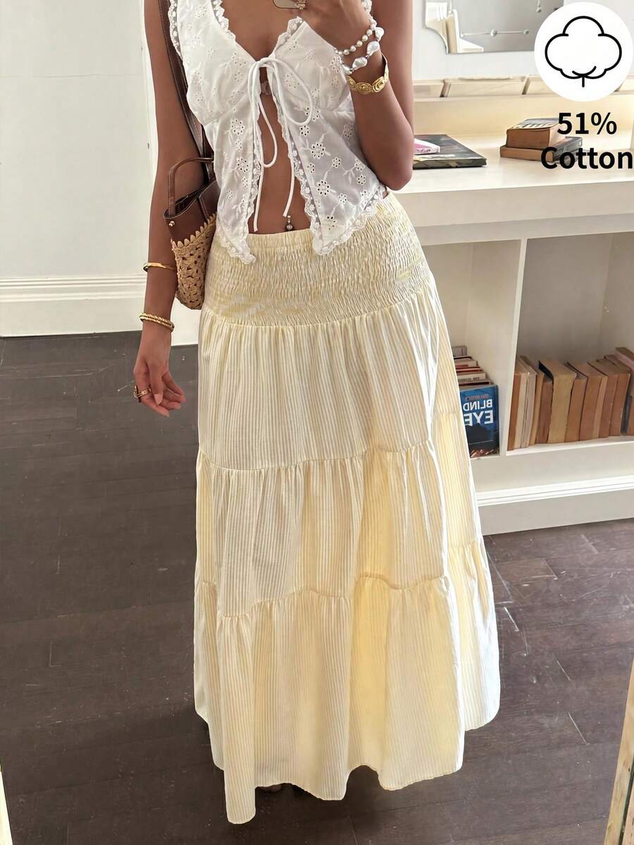 Sunnyshic 女款春夏度假休閒日常百搭時尚街頭通勤黃白條紋多層拼接腰部抽褶長裙 - 彩色 - 查看 1