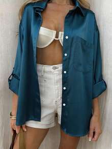 Vaclyn Women's Casual Versatile Solid Color Shirt - Green - View 3