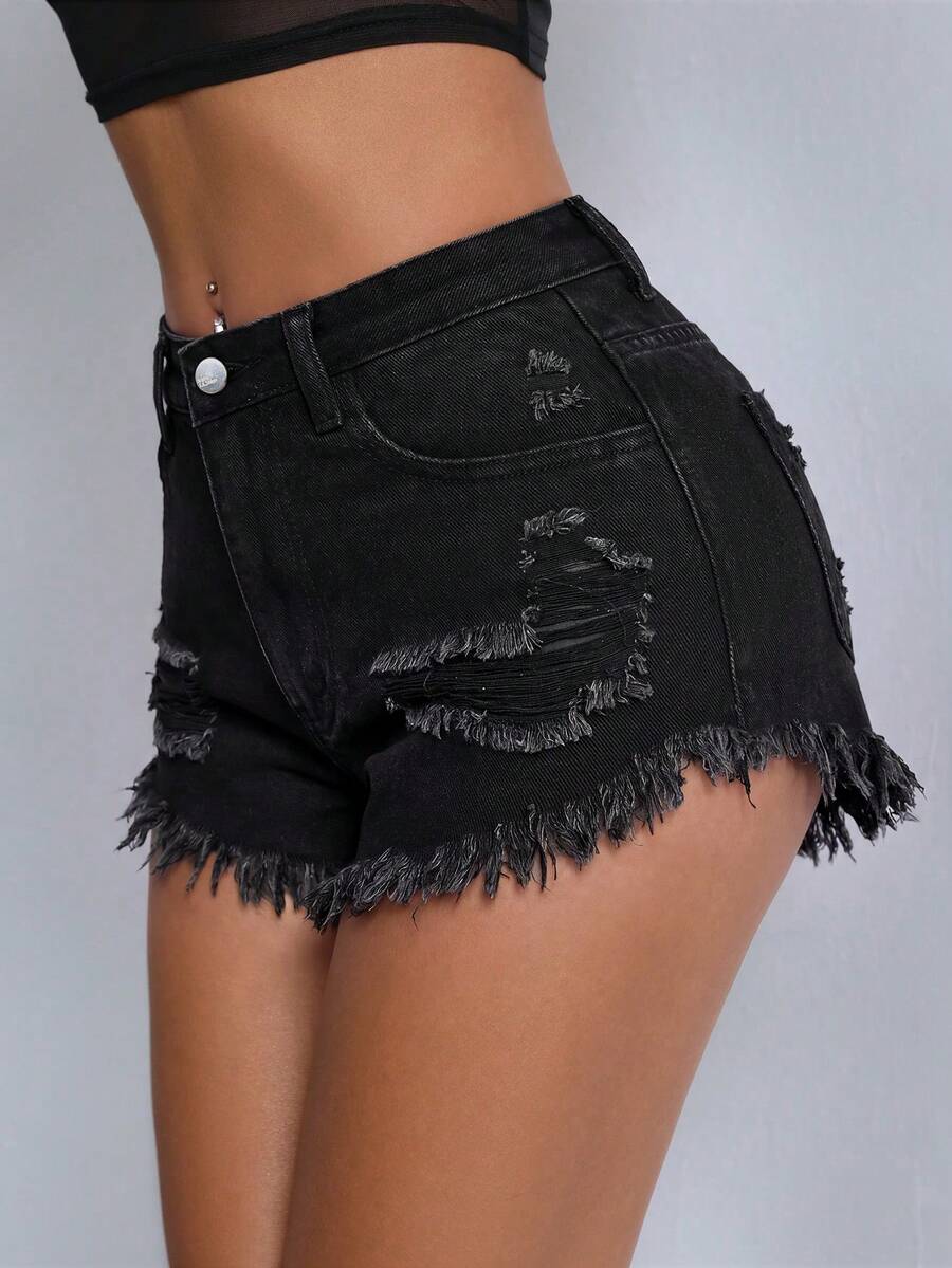 SHEIN PETITE Women's Button Distressed Pocket Frayed Hem Fashion Denim Shorts - Black - View 1