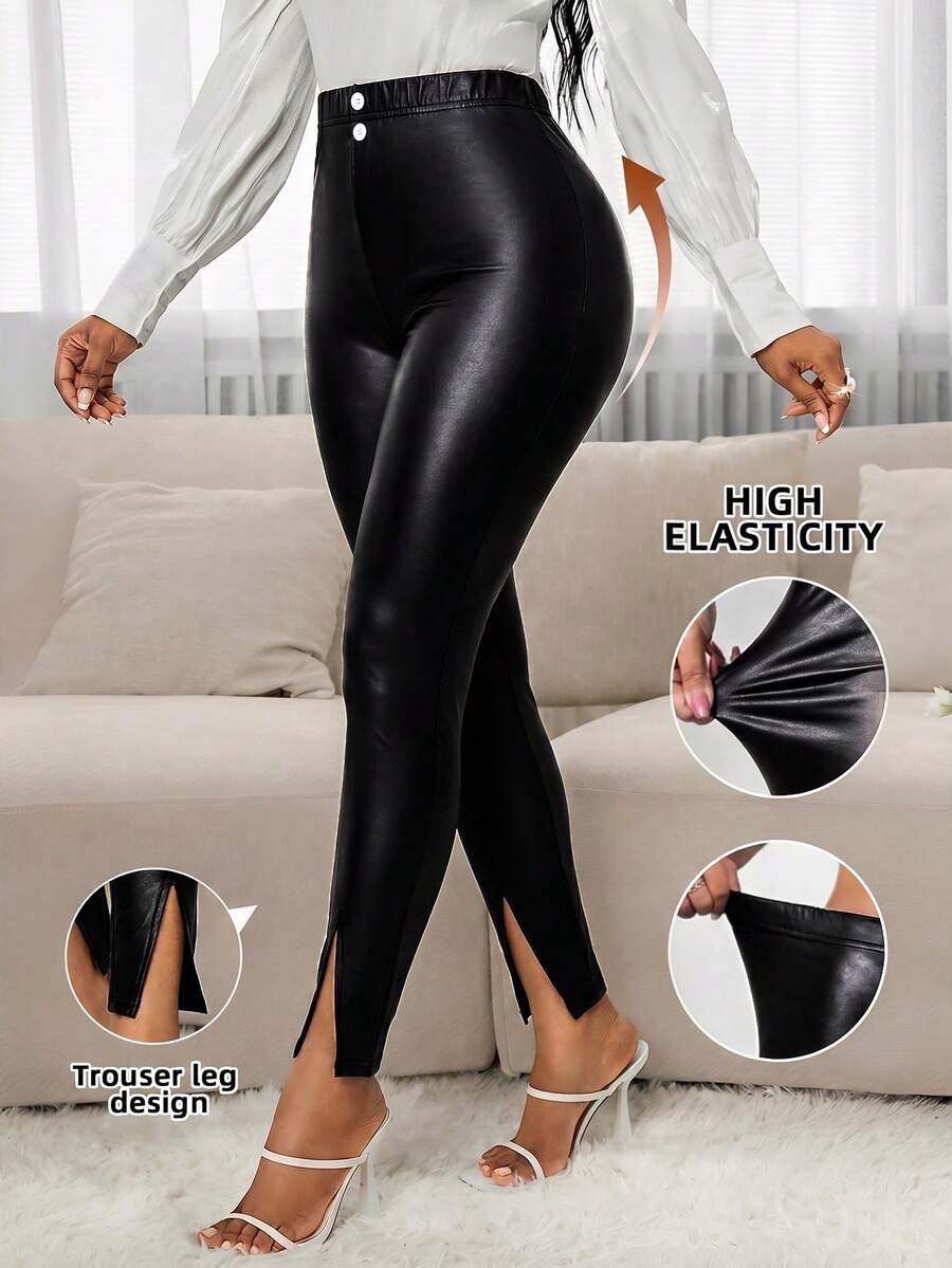 SHEIN Lady 女款純色PU皮革休閒百搭日常穿著內搭長褲 - 黑色 - 查看 1