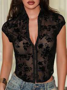 Bris Aura 2026 New Arrive Minimalism Spring/Summer Women's Sexy Floral Sheer Cap Sleeve Fitted Cropped T-Shirt, Summer Holiday Style,Party Clothing Casual Black - Black - View 7