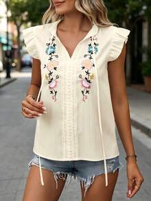 SHEIN LUNE Blusa De Cuello Con Lazo Y Volantes En Agujero Para Brazo, Bordado Con Flores - Albaricoque - Ver 5