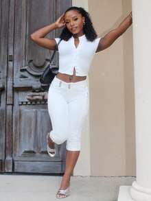 Steph T Women's Casual 6-Inch Waist Button Design Skinny Jeans White Summer - White - View 3