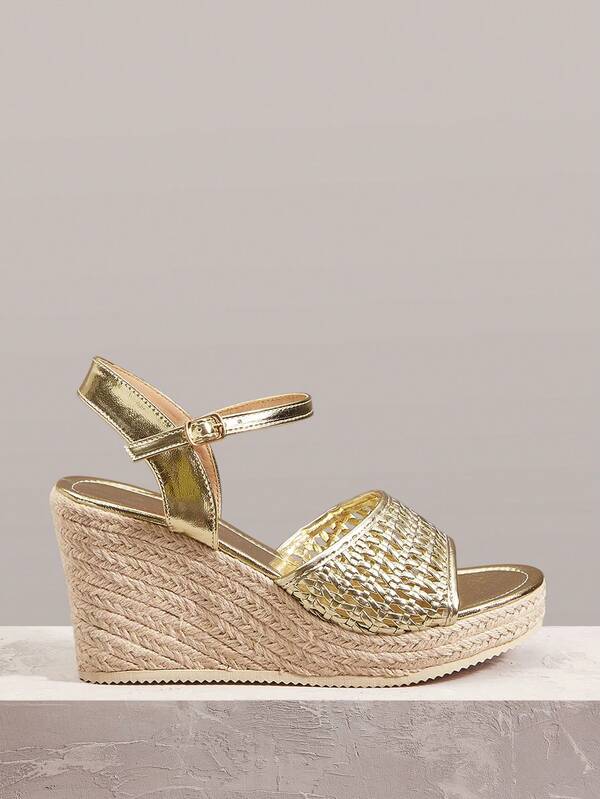 Styleloop Women Shoes Women's Wedge Heel Hemp Rope Bottom Gold Weave Ankle Mermaid Mouth Bohemian Western Style Music Festival Wear Comfortable Casual Breathable Women's Wedge Heel Sandals Women's Shoes