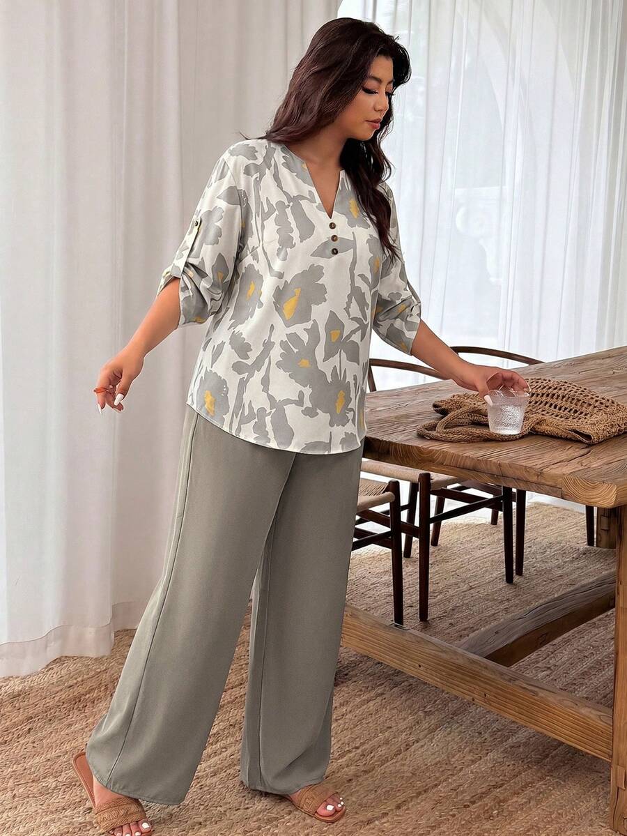 EMERY ROSE Women's Plus Size Notch Neckline Sleeve Cuff Button Up Floral Top And Solid Color Bottom Contrast Plant Print 2-Piece Set Random Print - Multicolor - View 1