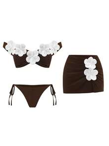 SHEIN Swim 春夏新款女款白色兩件式比基尼套裝，無肩帶性感海灘度假泳衣，適合海灘約會 - 棕色 - 查看 3