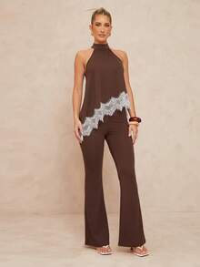 Lumalex Brown Chocolate Brown Halter Top Flare Pants Set High Neck Keyhole Back Asymmetric Lace Trim Hem Sleeveless Luxury Elegant Dinner Night Summer - Multicolor - View 10