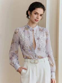 Anewsta Summer Elegant Court Style Heavy Pearl Decor Beaded Small Stand Collar Plain Floral Polka Dot Print Slightly Sheer White Long Sleeve Women Blouse - Mauve Purple - View 1