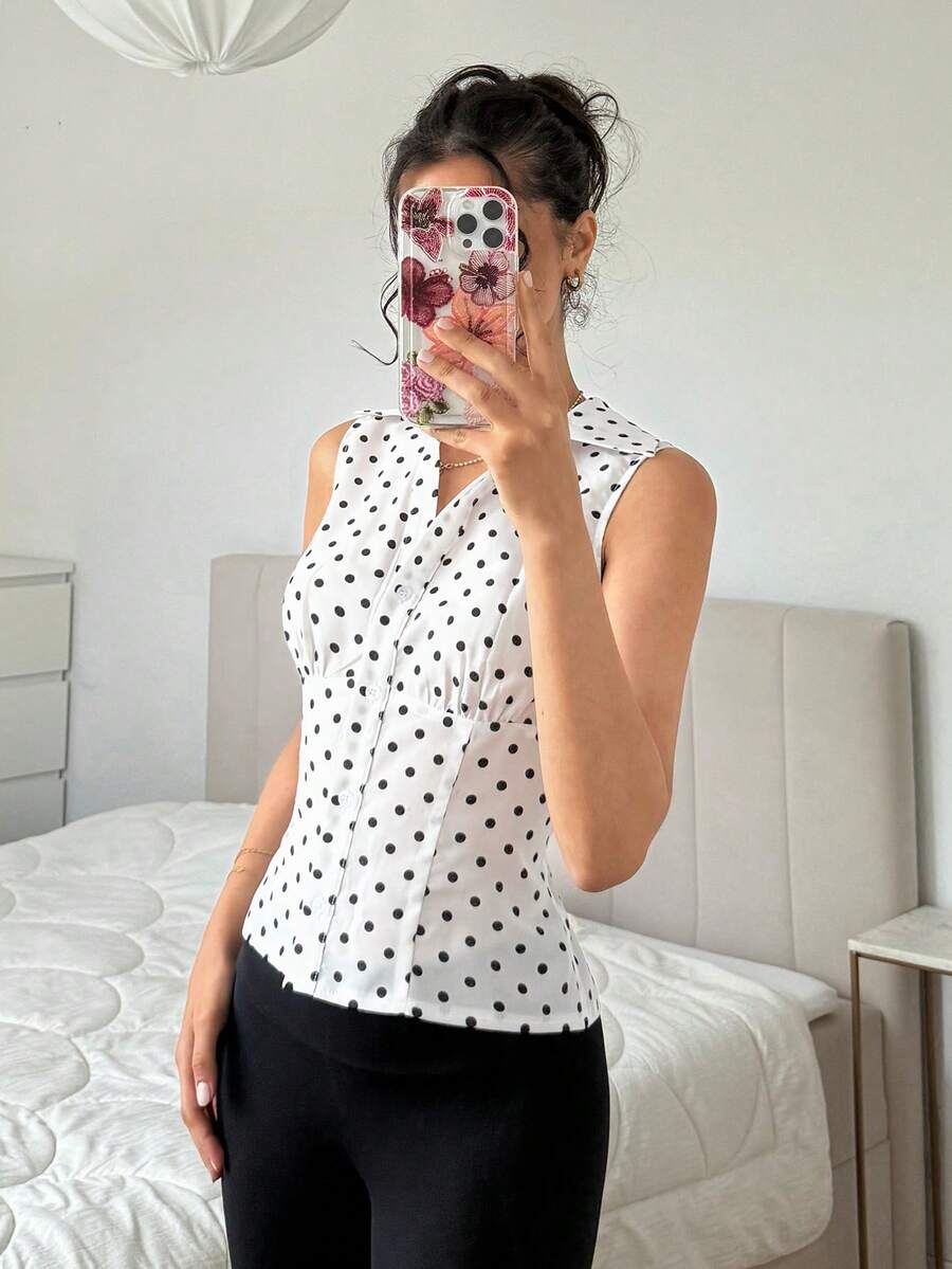 SHEIN EZwear 白色波點 V 領收腰上衣,日常夏季法式風格,70 年代復古優雅,適合茶會、度假、上班、辦公室、早午餐 - 白色 - 查看 1
