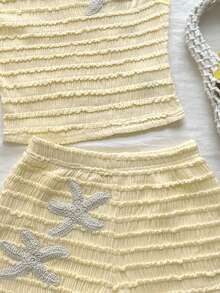SHEIN Tween Girls Kids Casual Vacation Cream Dopamine Color Palette Sweet Knit Textured Striped Cute Starfish Decor Preppy Style Sleeveless Casual Tank Top & Shorts 2-Piece Set, Y2K Young Fashion Outfit, Summer Vacation Travel, Suitable For Back To School, Holiday Family Outdoor Autumn Picnic, Daily Wear, Spring/Summer Clothing, Beach Outfit, Commute, Elegant, Beach, Bohemian, Hawaii, Music Festival, Yellow Knit Set - Yellow - View 7