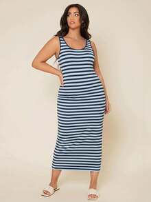 SHEIN BASICS 大尺碼夏季休閒條紋無袖修身洋裝 - 藍白色 - 查看 2