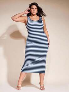 SHEIN BASICS 大尺碼夏季休閒條紋無袖修身洋裝 - 藍白色 - 查看 6