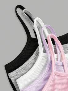 Girlism Tween Girl Tween Girls Undershirt 5pcs Spring/Summer New Knit Ribbed Multi-Color Solid Simple Soft Skin-Friendly Children Student Puberty Innerwear 5-Piece Set, Autumn/Winter Layering - Pink - View 7