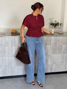 Firerie Plus Size Women Solid Color Pleated Short Sleeve Single-Breasted Shirt Formal Office Burgundy Summer Elegant - Burgundy - View 5