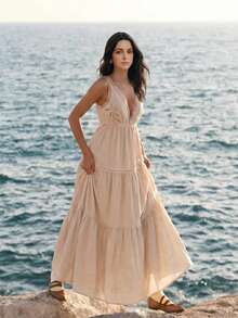 Anewsta Elegantes Sommerkleid mit tiefem V-Ausschnitt, Spitzeneinsätzen und bestickter Blumenapplikation - Aprikosenfarben - Übersicht 1