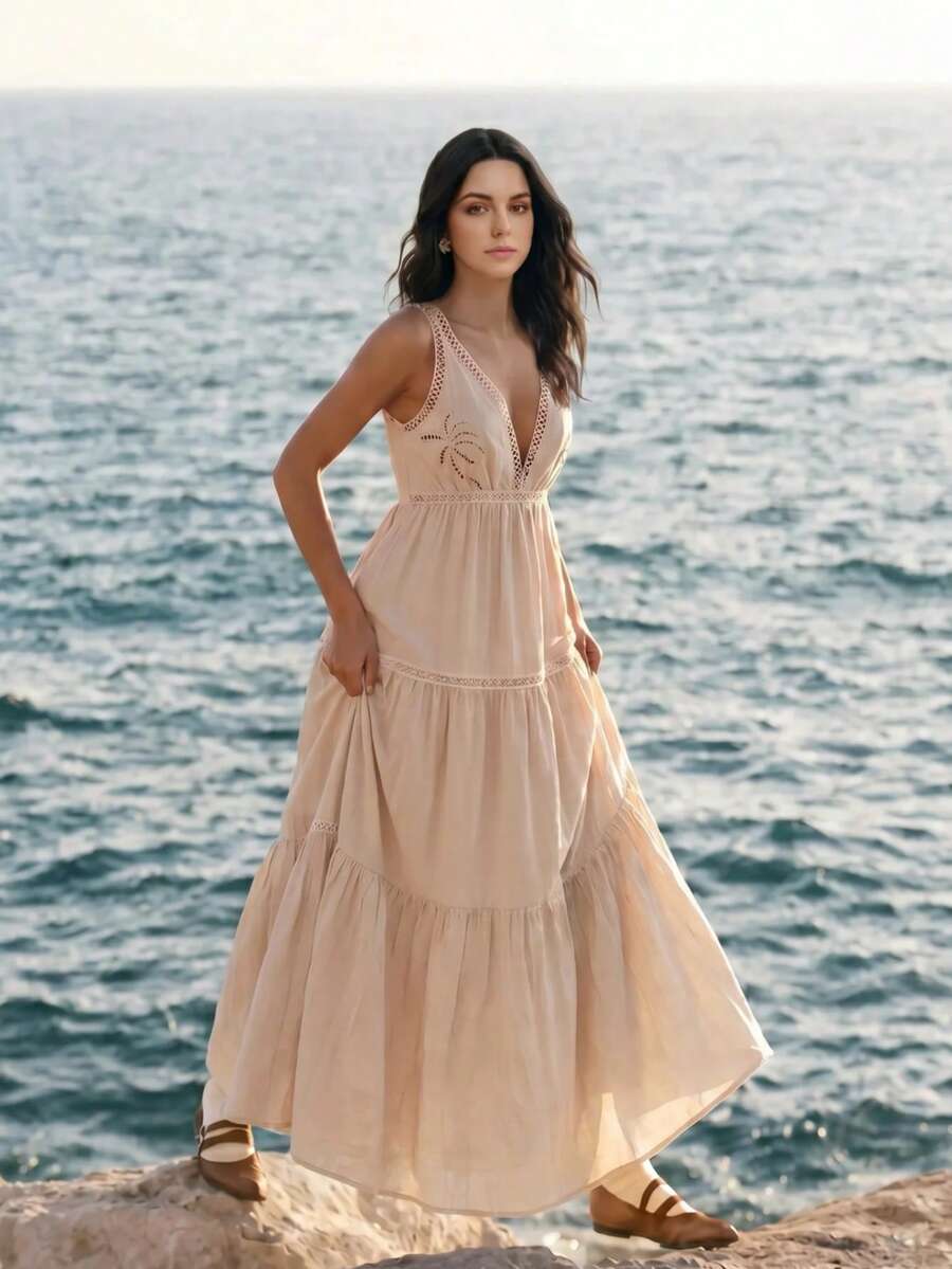 Anewsta Elegantes Sommerkleid mit tiefem V-Ausschnitt, Spitzeneinsätzen und bestickter Blumenapplikation - Aprikosenfarben - Übersicht 1