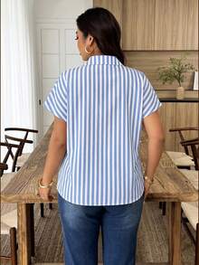 Weeklong Plus Size Women's Casual Holiday Blue & White Striped Contrast Button Decor Shirt, Suitable For Daily & Vacation Wear - Multicolor - View 2