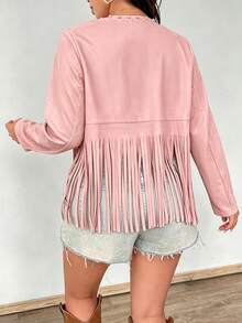 Ceyna Plus Size Front Bubble Bead Jacket Long Sleeve Hem Fringe Fall - Pink - View 2