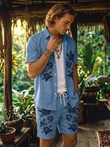 Alderstead Men Floral Button Up Shirt And Shorts Set, Outfit For Vacation, Beach, Parties, Daily Wear, Festival, Outdoor Gathering - Multicolor - View 3