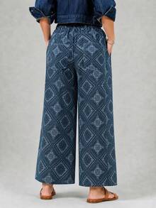 EMERY ROSE Summer Casual Dark Blue Printed Denim Straight Leg Pants Plus Size Women Non Stretch Daily Wear - Medium Wash - View 3