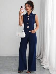 Selianne Women's Metal Starfish Vest And Pants Casual European Denim Set Vacation Navy Blue Summer - Blue - View 2