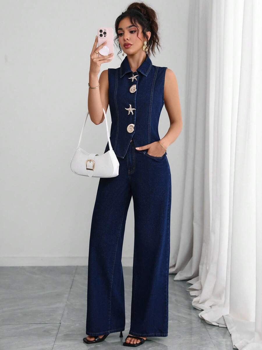 Selianne Women's Metal Starfish Vest And Pants Casual European Denim Set Vacation Navy Blue Summer