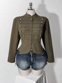SHEIN ICON 女款大尺碼街頭時尚長袖拉鍊雙排扣夾克 - 軍綠色 - 查看 5