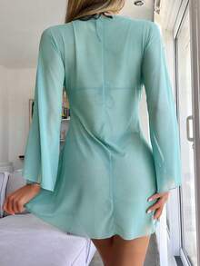 Swim Chiccia 女款純色長袖腰部綁帶遮陽和服式罩衫 - 薄荷藍 - 查看 2