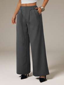 SHEIN PETITE Grey Winter Chic Office Women Elegant Straight Leg Wide Leg Pants,Business Casual Low Rise Baggy Work Clothes,Spring&Summer Fashion Streetwear Y2k ,Petite Women - Grey - View 4
