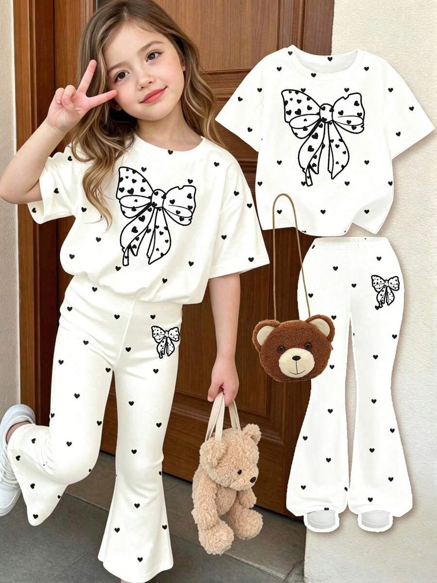 女童 T-shirt 套裝,甜美風格穿搭,蝴蝶結與愛心印花短袖 T-shirt + 喇叭長褲,柔軟可愛,百搭親膚 - 彩色 - 查看 1