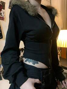 Lalippa Women Casual Faux Fur Collar Hooded Cinched Waist Jacket - Black - View 3