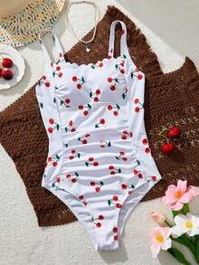 SHEIN Traje de baño de una pieza con estampado de cerezas y dos colores, conjunto de varias piezas para vacaciones de mujer - Multicolor - Ver 3