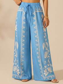 CAJUNI Women's Boho Tropical Plant Print Long Pants, Casual Vacation Beach Summer Extra Long Wide Leg Pants - Baby Blue - View 4