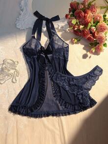 2件套女士蕾丝插入性感内衣套装 - 藏蓝色 - 查看 5
