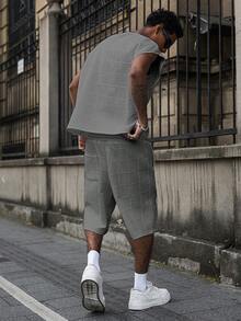 Major Grit 男士背心套裝，年輕街頭風休閒服，紋理布料，日常穿著時尚度假款，灰色夏季 - 灰色 - 查看 2