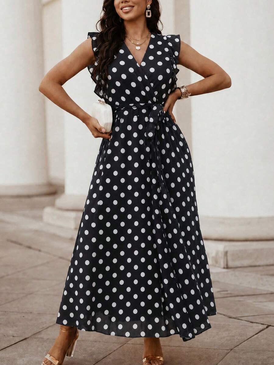 SHEIN Clasi Plus Size Elegant 1920s 1950s Vintage 70's Romantic V-Neck Polka Dot Chiffon Sleeveless Dress Evening Wedding Guest Formal Black White Summer - Black - View 1